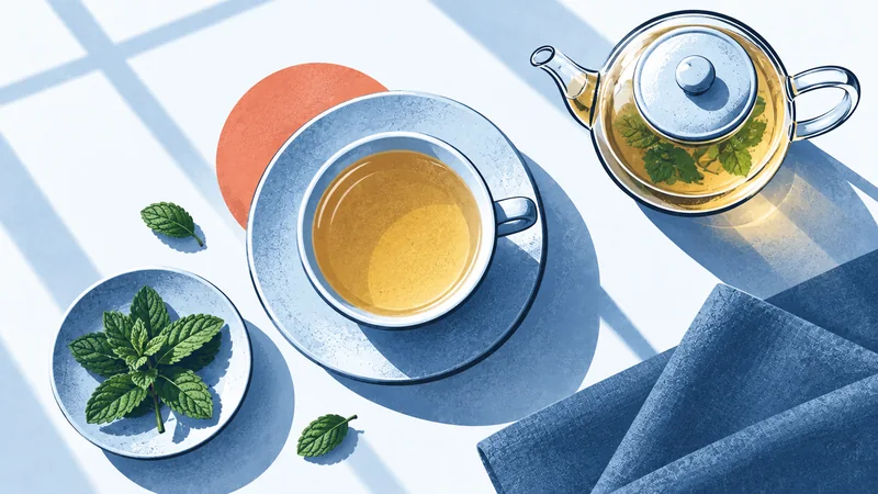 Peppermint leaves, a blue cup and a glass teapot seen from above.