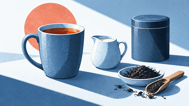 A blue breakfast mug of black tea with a milk pitcher, tea tin and dry leaves.