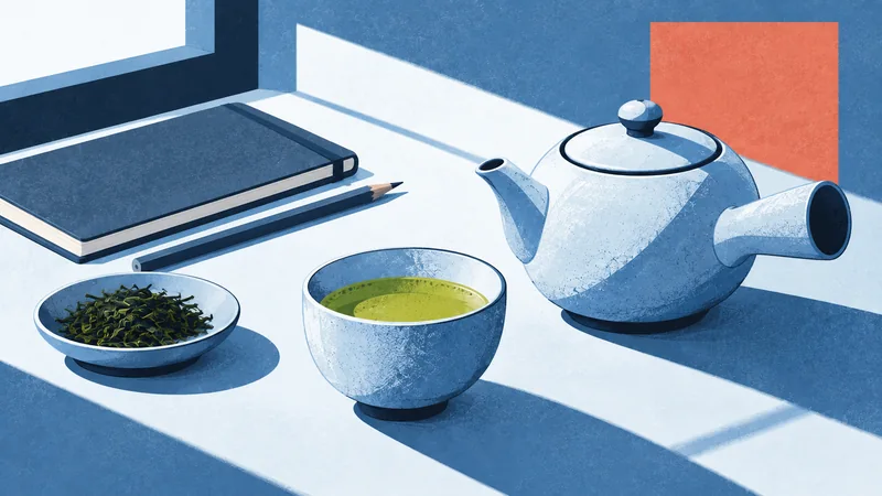A blue side-handled teapot, green tea, a notebook and a pencil on a spare desk.