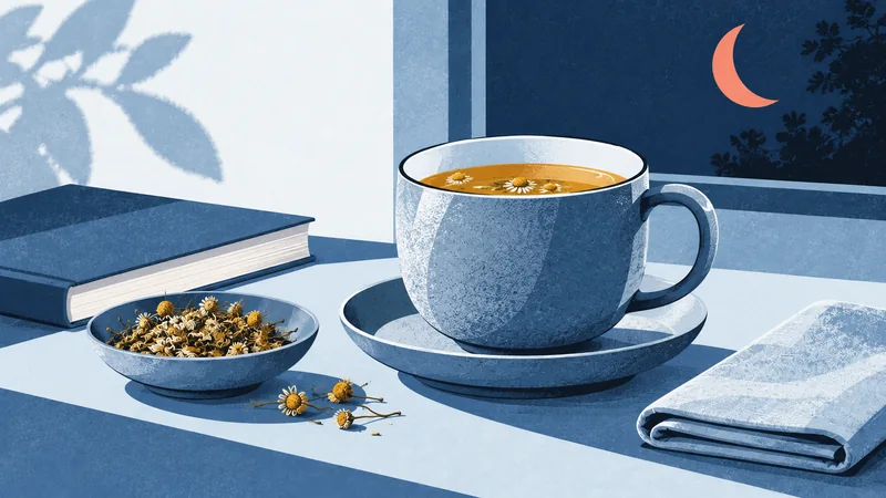 A blue mug of herbal tea, chamomile flowers and a closed book in evening light.