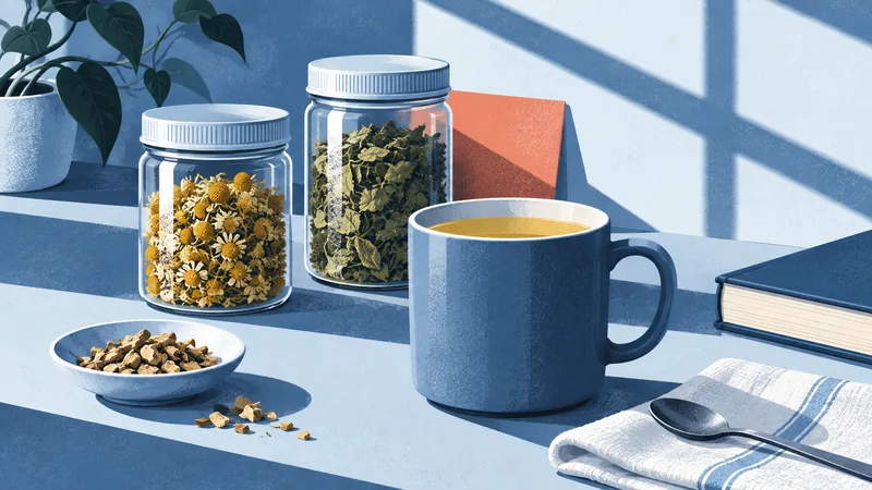 Glass jars of dried flowers and leaves beside an everyday blue mug, a book and a small dish of roots.