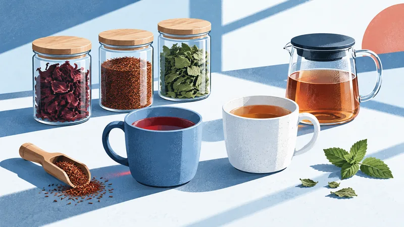 Clear pantry jars, two ordinary handled mugs and a glass brewing jug on a blue kitchen table.