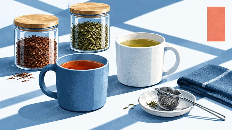 Two handled mugs of red and green rooibos beside clear dry-leaf jars, a strainer and a folded blue cloth.
